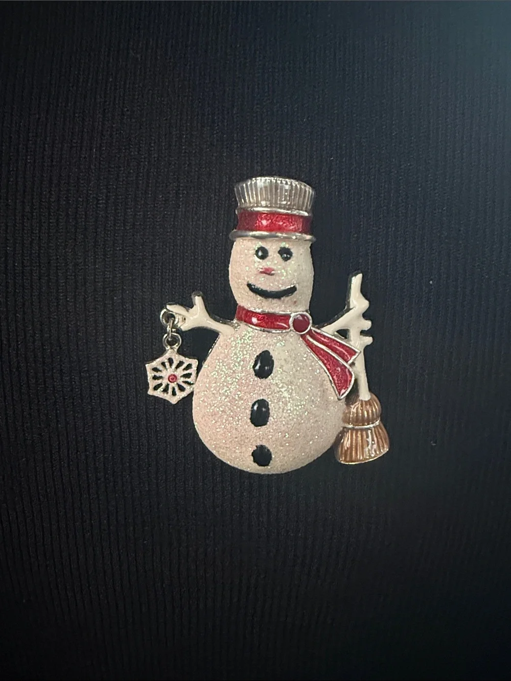 Sparkling White Snowman Brooch with Red Scarf and Gold Accents